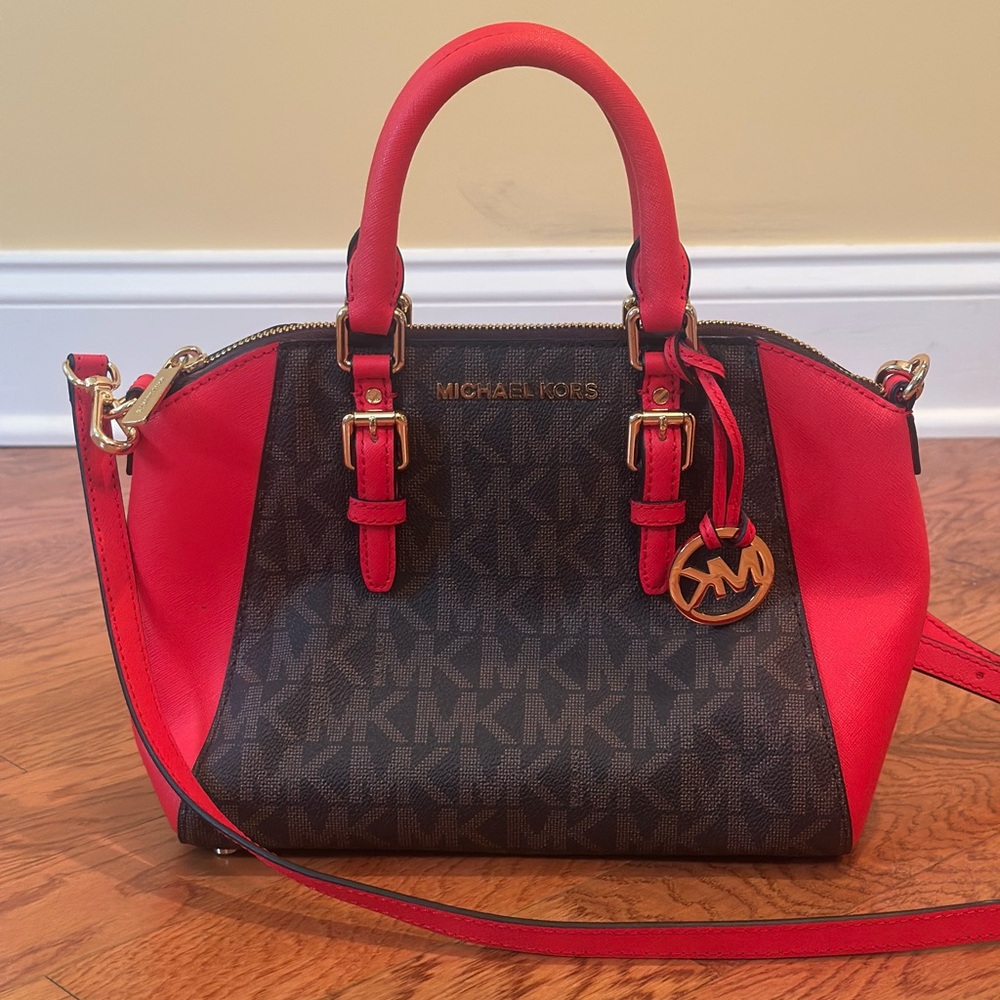 Michael Kors Red and Brown Satchel with Silver Hardware